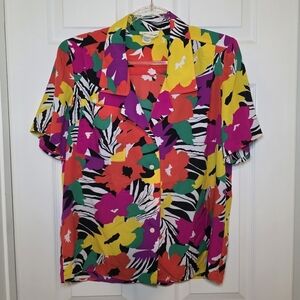 Vintage Lloyd Williams Womens Shirt Sz 12 Colorful Floral Short Sleeve Button Up